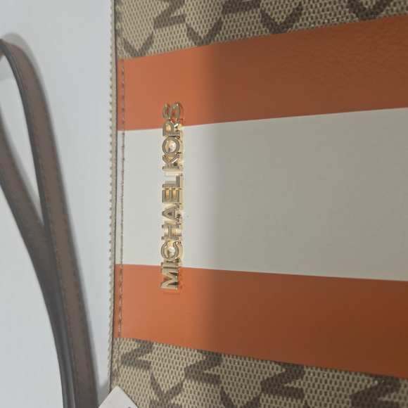 NWT Michael Kors Logo wristlet purse MK luggage Tangerine Stripe Sand Brown